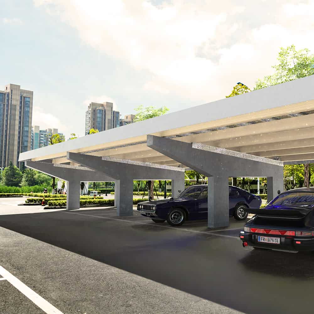 Großes Carport mit Glas-PV-Dach auf Parkplatz, im Hintergrund Hochhäuser