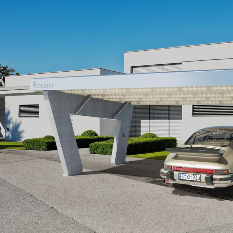 Solar Carport mit PV-Dach vor modernem Einfamilienhaus
